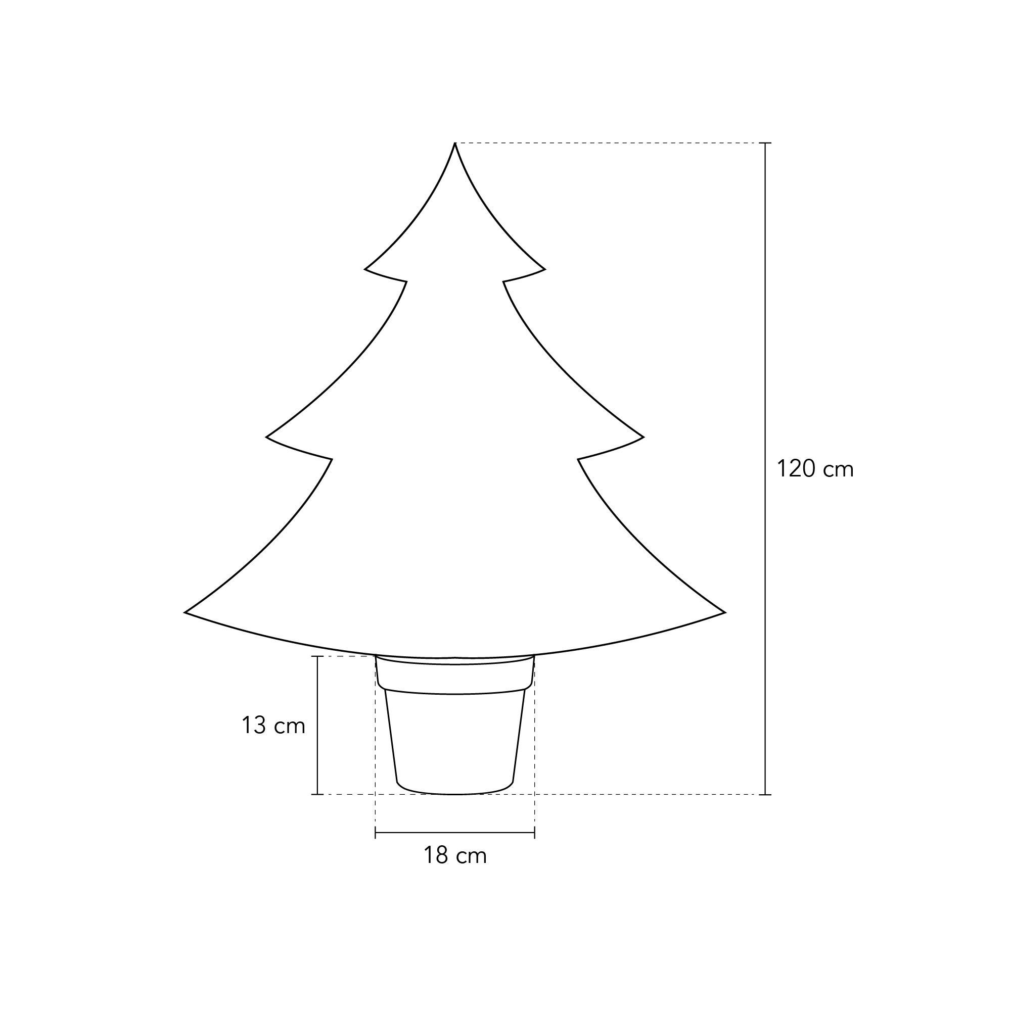 Nákres rozmeru vianočného stromčeka v kvetináči 120cm