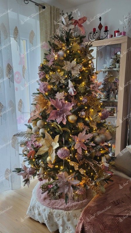 Künstlicher geschmückter Weihnachtsbaum 3D AlpenFichte 180cm grüner Weihnachtsbaum mit rosa und goldenem Weihnachtsschmuck