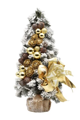 Schneebedeckter kleiner Weihnachtsbaum geschmückt Golden 50cm mit goldenen Verzierungen, Zapfen und Schleife