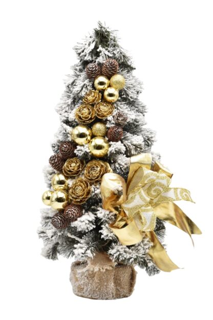 Schneebedeckter kleiner Weihnachtsbaum geschmückt Golden 50cm mit goldenen Verzierungen, Zapfen und Schleife