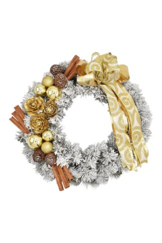 Schneebedeckter Weihnachtskranz an der Tür Golden 35cm mit Goldverzierungen und Schleife