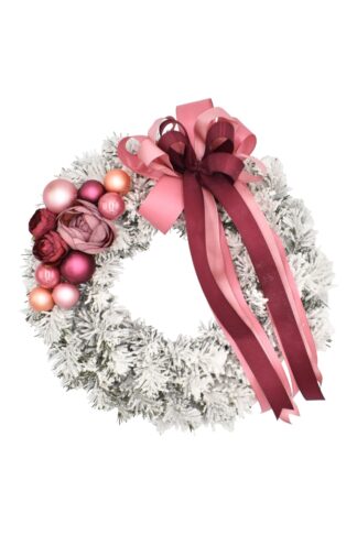 Schneebedeckter Weihnachtskranz für die Tür Tiefrosa 35cm mit dunkelrosa Verzierungen und einer Schleife
