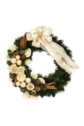 Weihnachtstür-Kranz Creme 35cm mit cremefarbenen Verzierungen und einer Schleife