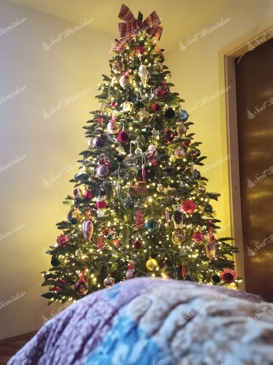 Vianočný stromček 3D Jedľa Pôvabná 210cm je husto ozdobený červenými a zlatými vianočnými guľami a figúrkami.