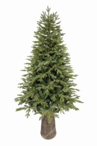 Künstlicher Weihnachtsbaum 3D Apenninische Fichte auf Stamm Er hat hellgrünes Nadelwerk, einen braunen Stamm und einen Keramiktopf, der die Baumrinde imitiert
