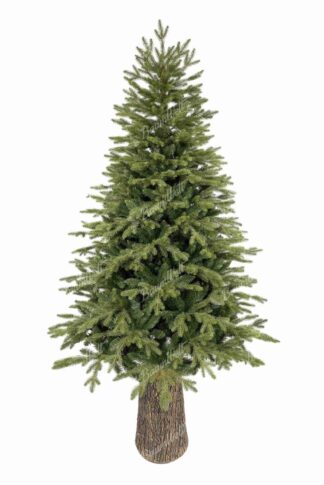Künstlicher Weihnachtsbaum 3D Apenninische Fichte auf Stamm Er hat hellgrünes Nadelwerk, einen braunen Stamm und einen Keramiktopf, der die Baumrinde imitiert
