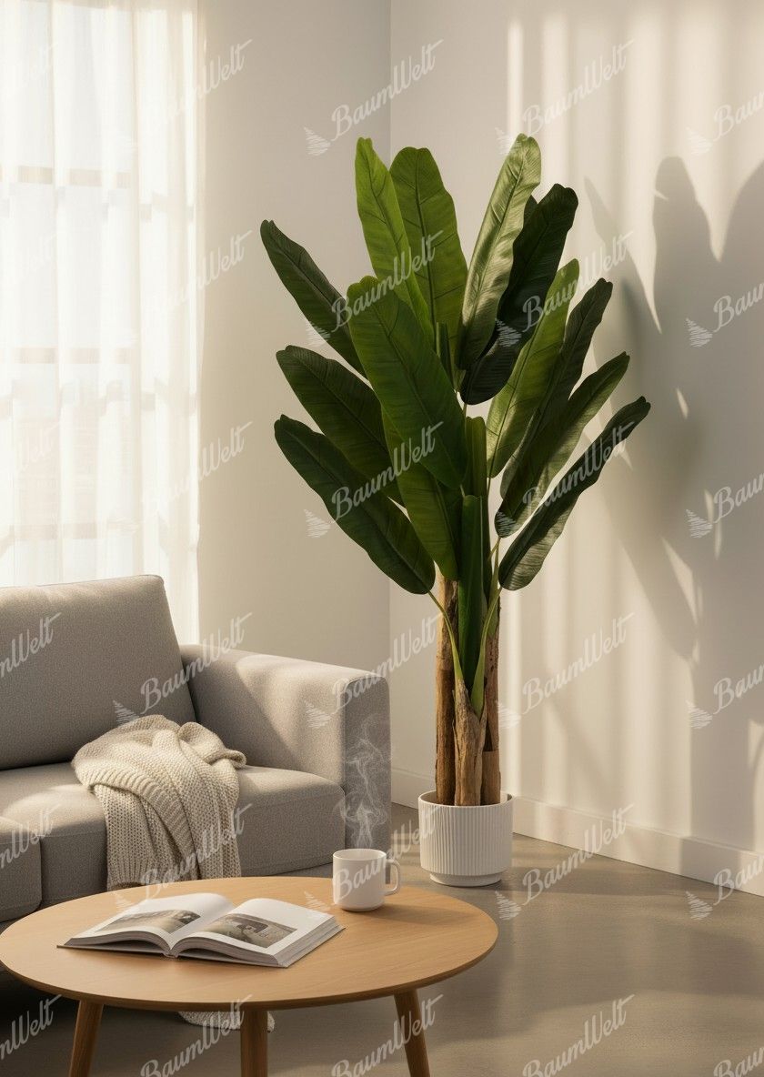 Kunstpflanze Bananenbaum, in der Ecke des Wohnzimmers. Er hat große, breite grüne Blätter, einen braunen Stamm und steht in einem weißen Blumentopf