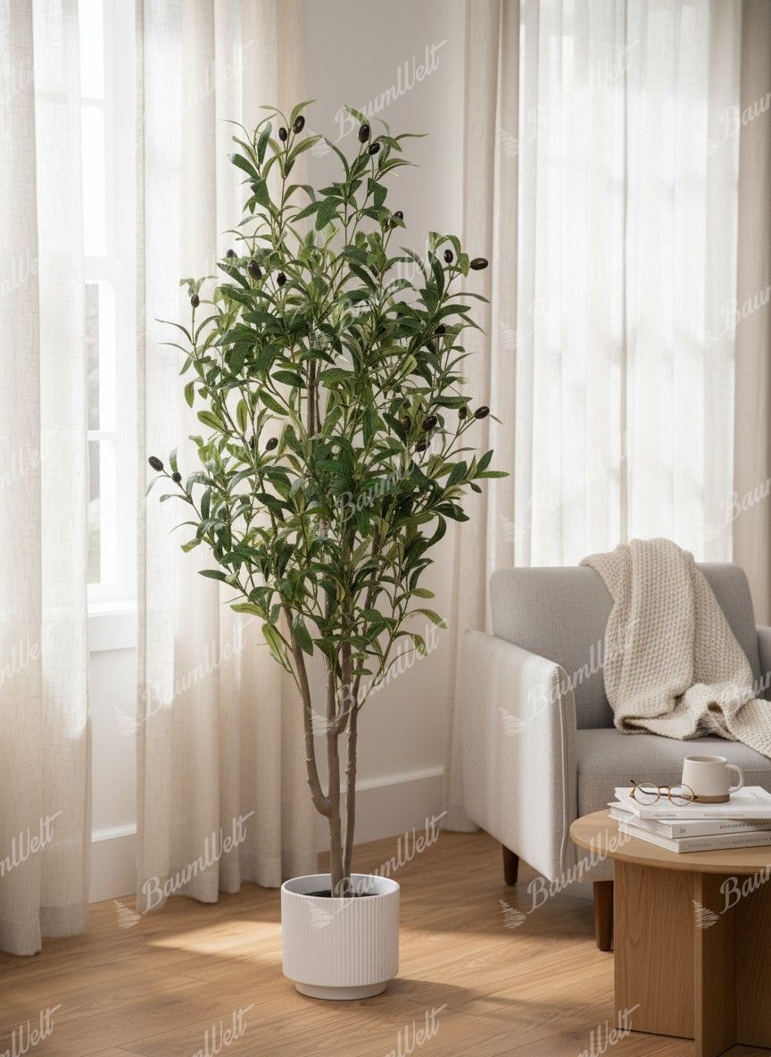 Kunstpflanze Olivenbaum, Im Wohnzimmer am Fenster. Er hat längliche grüne Blätter, schwarze Oliven und einen weißen Blumentop