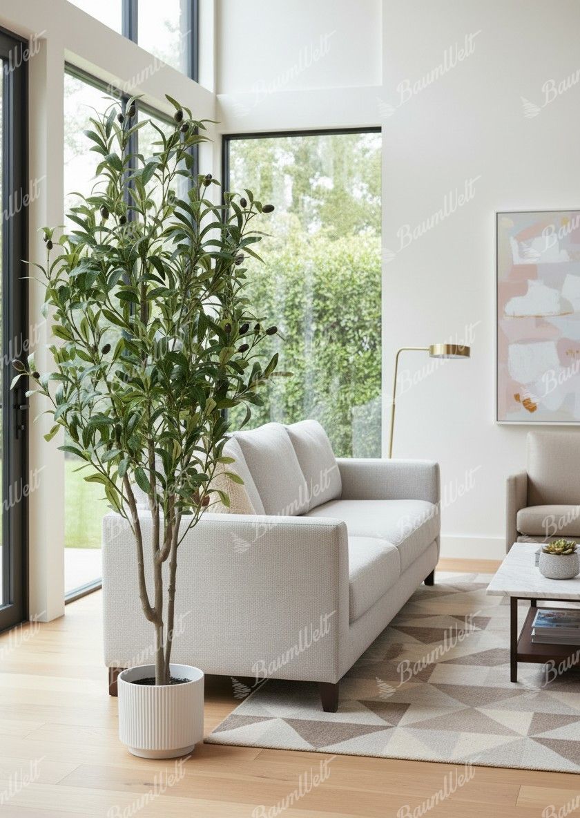 Kunstpflanze Olivenbaum, im Wohnzimmer mit länglichen grünen Blättern, Olivenfrüchten und einem braunen Stamm. Er steht in einem weißen Blumentopf
